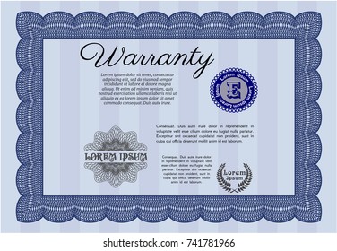 Blue Warranty. With guilloche pattern and background. Modern design. Vector illustration. 