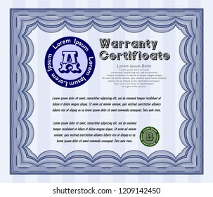 Blue Warranty. Money design. With great quality guilloche pattern. Vector illustration. 