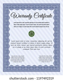 Blue Warranty. Nice design. Vector illustration. With guilloche pattern and background. 