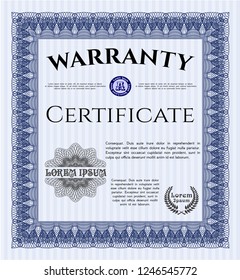 Blue Warranty. Retro design. Vector illustration. With great quality guilloche pattern. 