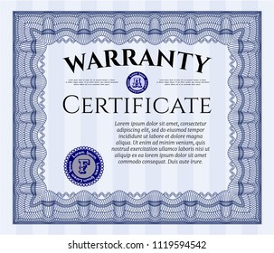 Blue Warranty. Sophisticated design. Vector illustration. With complex linear background. 
