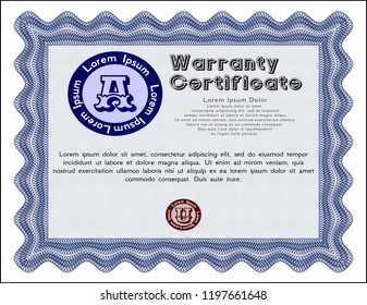 Blue Warranty template. With background. Detailed. Money Pattern design. 