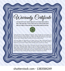 Blue Warranty template. With complex background. Money Pattern. Vector illustration. 