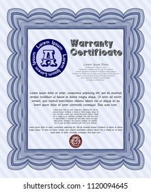 Blue Warranty template. With complex linear background. Vector illustration. Lovely design. 