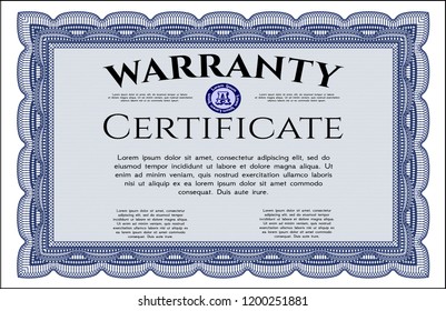 Blue Warranty template. Cordial design. With complex linear background. Customizable, Easy to edit and change colors. 