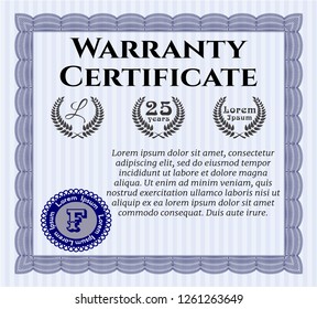 Blue Warranty template. Cordial design. Customizable, Easy to edit and change colors. With guilloche pattern and background. 
