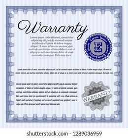 Blue Warranty template. Cordial design. With great quality guilloche pattern. Customizable, Easy to edit and change colors. 