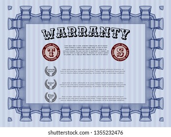 Blue Warranty template. Detailed. With guilloche pattern and background. Good design. 