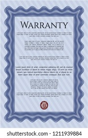 Blue Warranty template. With great quality guilloche pattern. Money style design. Customizable, Easy to edit and change colors. 
