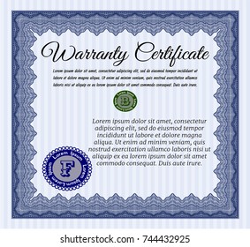 Blue Warranty template. With great quality guilloche pattern. Vector illustration. Lovely design. 