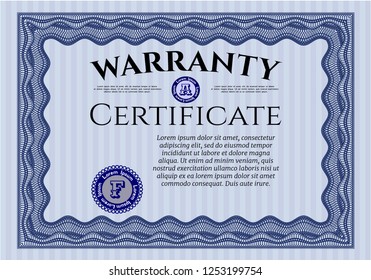 Blue Warranty template. Lovely design. Detailed. With guilloche pattern and background. 