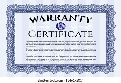 Blue Warranty template. Money Pattern design. With great quality guilloche pattern. Vector illustration. 