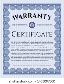 Blue Warranty template. Money style design. Vector illustration. With guilloche pattern and background. 