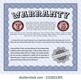 Blue Warranty template. Perfect design. With great quality guilloche pattern. Detailed. 