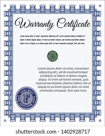Blue Warranty template. Perfect design. With guilloche pattern and background. Vector illustration. 