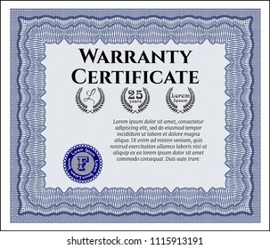 Blue Warranty template. Printer friendly. Retro design. Vector illustration. 