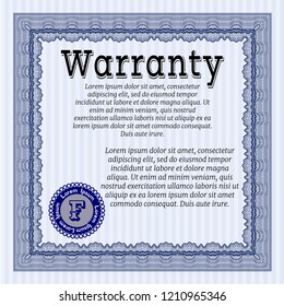 Blue Warranty template. Vector illustration. Easy to print. Money style design. 