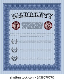 Blue Warranty. Vector illustration. With complex linear background. Good design. 
