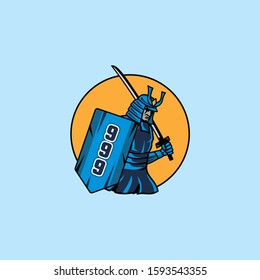 Blue Warrior with sword and shield illustration vector template