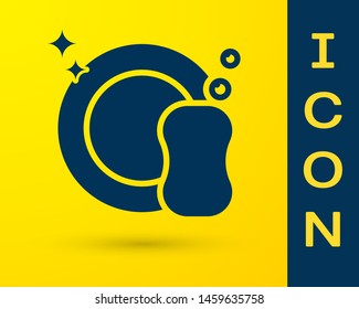 Blue Washing dishes icon isolated on yellow background. Plate and sponge. Cleaning dishes icon. Dishwasher sign. Clean tableware sign.  Vector Illustration