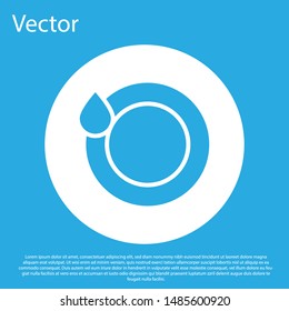 Blue Washing dishes icon isolated on blue background. Plate and sponge. Cleaning dishes icon. Dishwasher sign. Clean tableware sign. White circle button. Vector Illustration