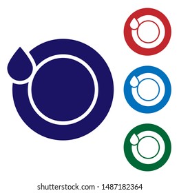 Blue Washing dishes icon isolated on white background. Plate and sponge. Cleaning dishes icon. Dishwasher sign. Clean tableware sign. Set color icon in circle buttons. Vector Illustration