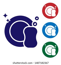 Blue Washing dishes icon isolated on white background. Plate and sponge. Cleaning dishes icon. Dishwasher sign. Clean tableware sign. Set color icon in circle buttons. Vector Illustration