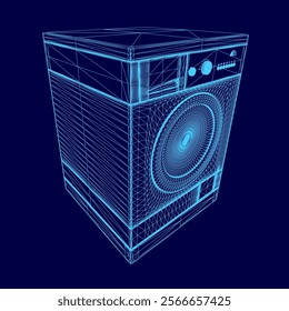 Blue washing machine with a blue logo. The machine is in a 3D