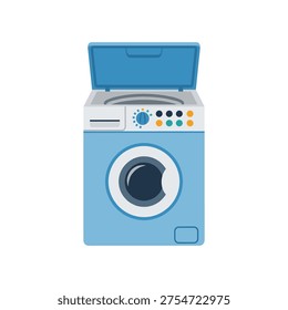a blue washing machine with an open lid on a white background, ideal for laundry or household appliance concepts