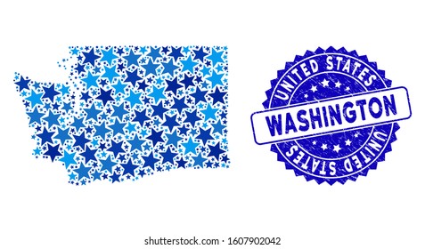 Blue Washington State map collage of stars, and scratched rounded stamp. Abstract territorial plan in blue shades. Vector Washington State map is organized of blue stars.