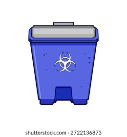 Blue waste bin featuring a biohazard symbol, indicating safe disposal of hazardous medical waste materials and emphasizing safety protocols in healthcare environments