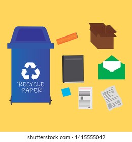 Blue waste container with sample of waste that must be disposed of in it. vector, illustration.