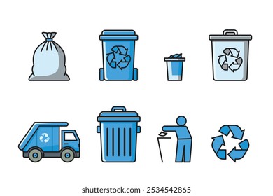 Blue waste management icons, including garbage bags, recycling containers, trash cans, a garbage truck, and a recycling symbol in blue and gray.