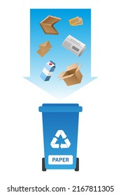 Blue waste wheelie bin with paper trash elements. Garbage can for paper recycling. Vector illustration.