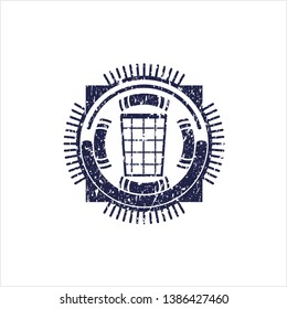 Blue wastepaper basket icon inside distressed grunge seal