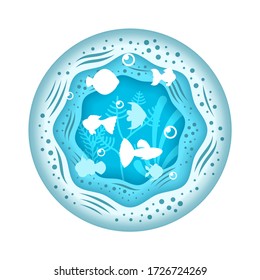 Blue Water Abstract Paper Cut Background Vector Sea Ocean Fish Seaweed Round