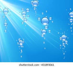 Blue water background with bubbles and sunlight. Vector illustration.