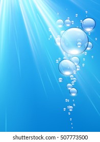 Blue water background with bubbles and sunlight. Vector illustration.