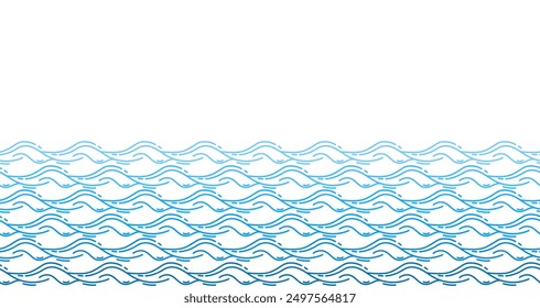 Blue water background. Line sea ocean waves with blank space for text. Blue wavy aqua pattern marine decoration, flowing river stream. Japanese style vector banner.