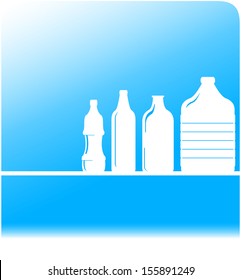 blue water background with set plastic bottles silhouette 