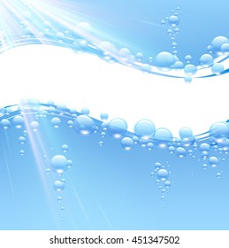 Blue water background with wave of bubbles. Vector illustration.