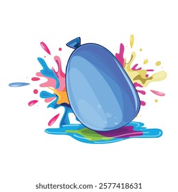 Blue water balloons falling with colorful splashes in the background, isolated on a white background for festive themes