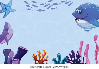 Blue water banner with playful marine life on either side, including whale, cute shark and a smiling starfish. A pack of fish swims by at the top, while seagrass decorates the bottom