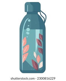 Blue water bottle with leaves over white