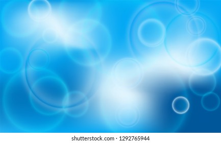 Blue water with bubbles abstract vector illustration. Bokeh lights poster vector background. Bubbles backdrop. Beach party poster wallpaper. Blurry bokeh lights stylish colorful blurred background.