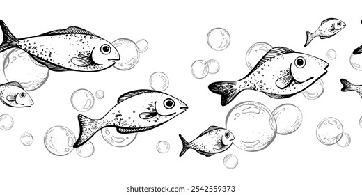 Blaue Wasserblasen unterschiedlicher Größe mit Fischen in chaotischer Reihenfolge. Grafische Linearzeichnung, handgezeichnet in Schwarz-Weiß-Monochrom. nautisch. Nahtloses Rahmenmuster