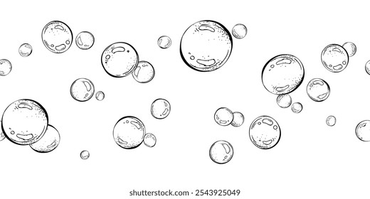 Bolhas de água azuis de diferentes tamanhos e tons em uma ordem caótica. Desenho gráfico linear, mão desenhada em preto e branco monocromático. náutico. Padrão de borda uniforme