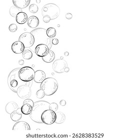 Bolhas de água azuis de diferentes tamanhos e tons em uma ordem caótica. Ilustração em aquarela desenhada à mão. Borda contínua vertical, padrão, infinitamente repetindo o ornamento, em um fundo branco