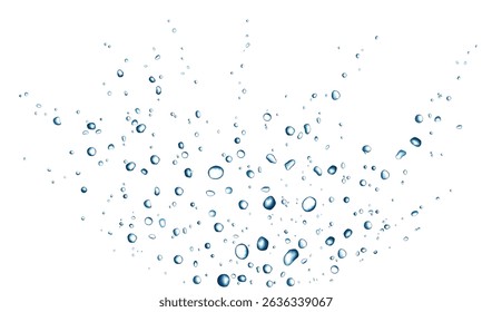 Blue water bubbles and drops splash crown. Realistic ice particles spray. 3D flying crystal shards. Vector droplet  or gel texture for cosmetics, carbonated drink background.