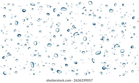 Blue water bubbles and drops spray. Realistic ice particles splash. 3D flying crystal shards. Vector droplet  or gel texture for cosmetics, carbonated drink, soap background.